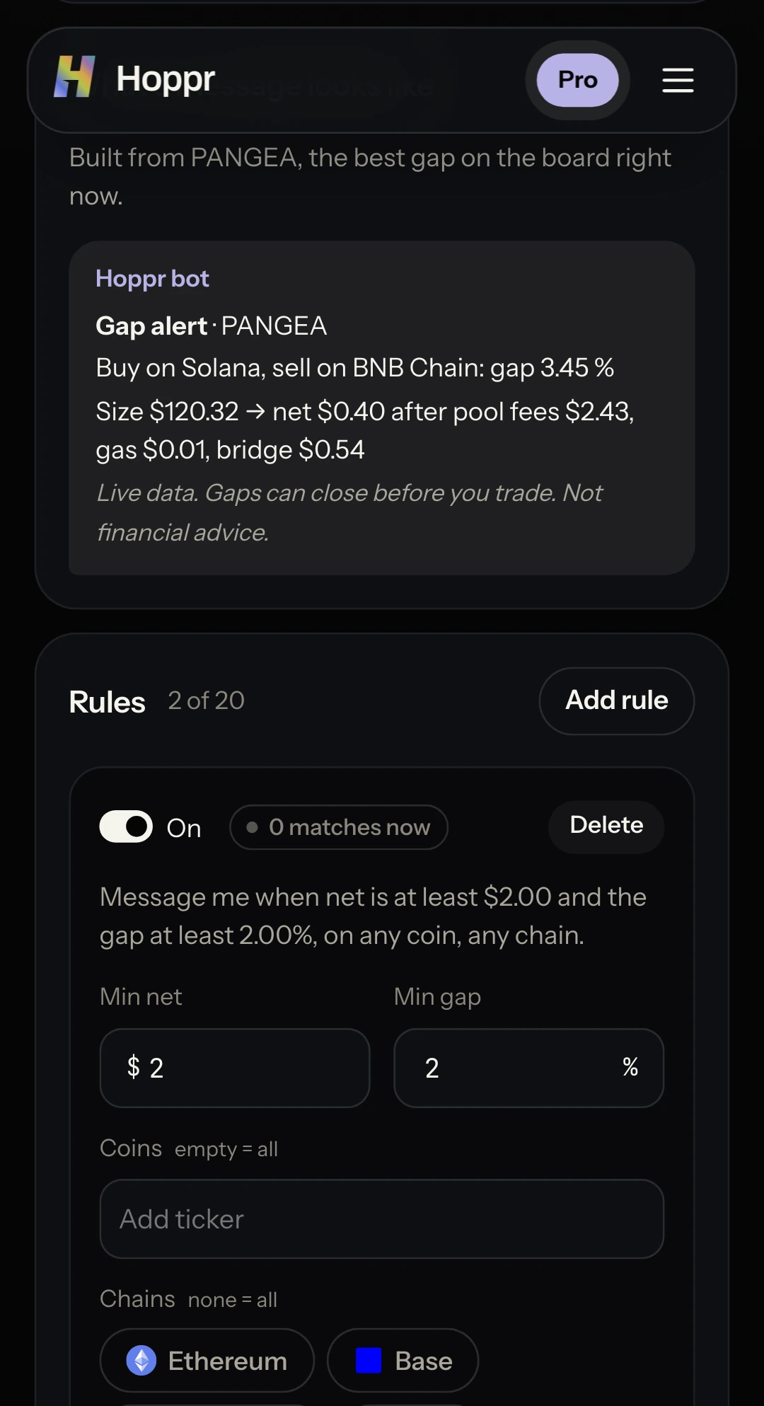 Alert rules on a phone: minimum net in dollars, minimum gap, coins and chains, sent to Telegram.